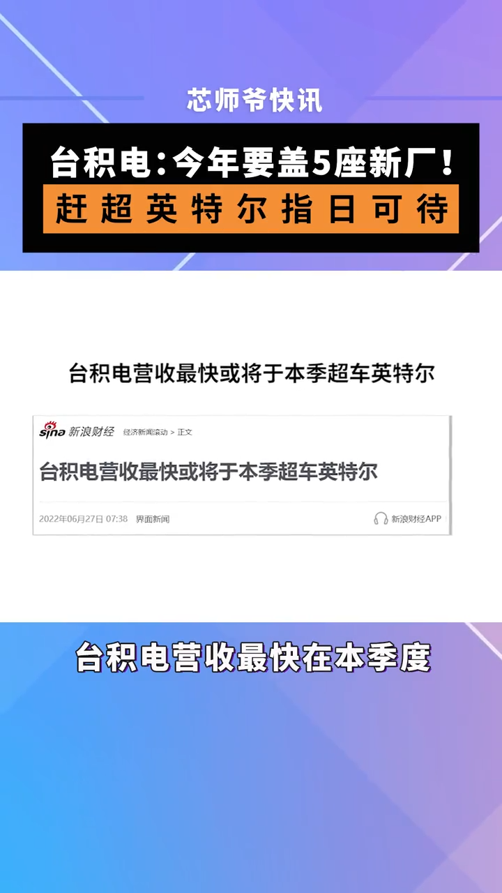 台积电：今年要盖5座新厂！赶超英特尔指日可待芯片 半导体 台积电 英特尔