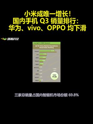 小米成唯一增长！国内手机Q3销量排行：华为、vivo、OPPO均下滑