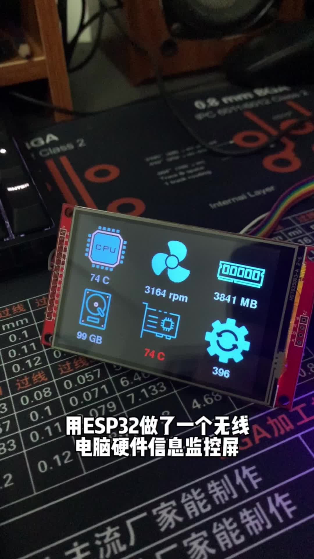 用ESP32做了一个无线电脑硬件信息监控屏，可以显示CPU风扇转速，内存占用等信息 电脑副屏esp32 电子技术 桌搭