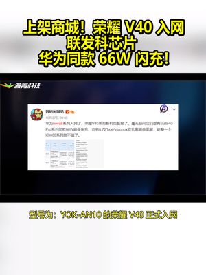 上架商城！荣耀V40入网：联发科芯片 华为同款66W闪充！ 荣耀